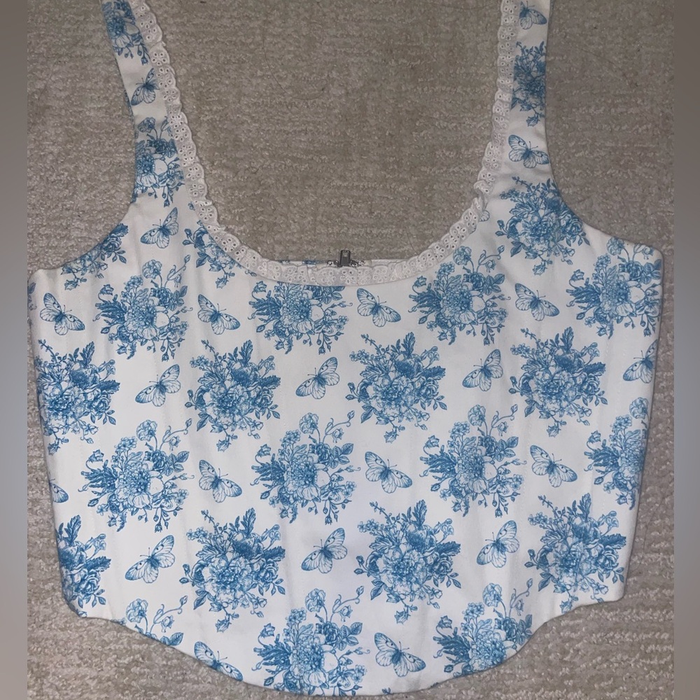 With jean blue floral corset top